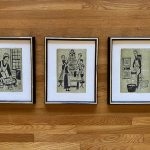 Set of 3 Constantine Kermès framed Pennsylvania Dutch woodblock prints